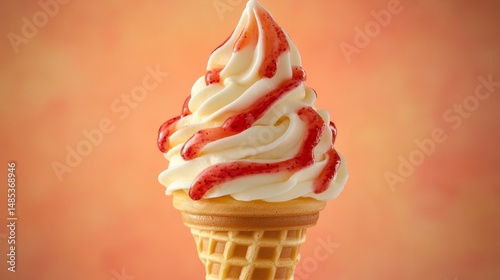 A scoop of ice cream with strawberry sauce on top of a waffle cone