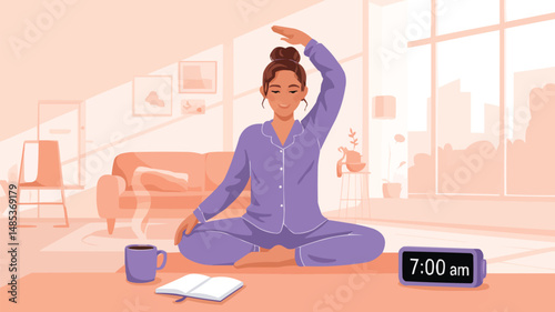 Woman in pajamas practicing yoga at home early in the morning before starting her day