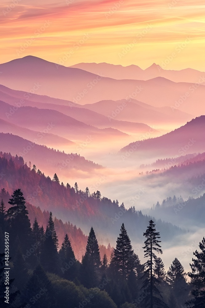 Obraz premium Pastel Sunrise Mountain Landscape with Fog and Pine Trees in Misty Valley