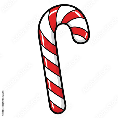 A red and white striped candy cane with a curved hook.
