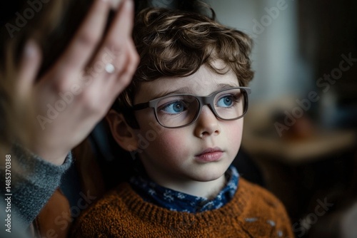 Thoughtful young boy with glasses, gazing ahead.