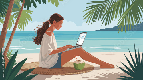 Young woman working remotely on laptop enjoying tropical beachside vacation