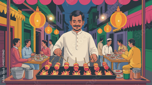 A street food vendor grilling kebabs in a vibrant scene with customers dining