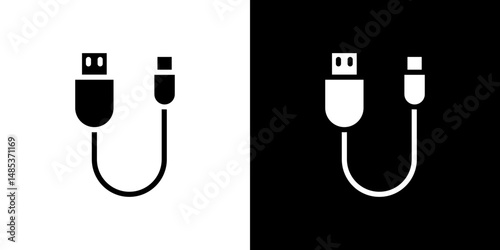 USB cable icon flat vectors set. black and white