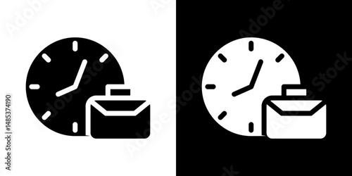 Office time icon flat vectors set. black and white