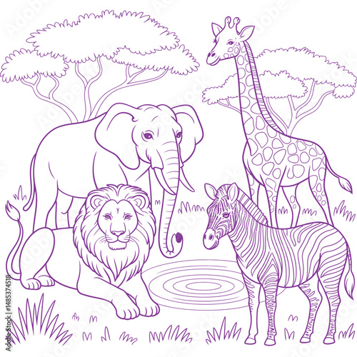 Cartoon animals on a farm with a giraffe, elephant, horse, goat, cow, lion, zebra, and baby animals in a cute and funny illustration