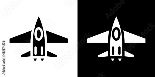 Military aircraft icon flat vectors set. black and white