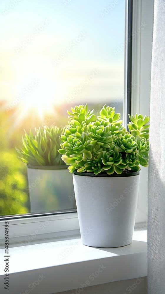Fototapeta premium Succulent Plant on Windowsill Sunlight
