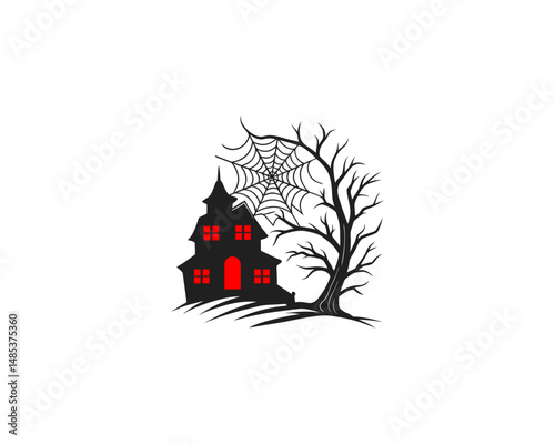 Spooky Halloween Silhouette Vector with Haunted Tree, Evil Pumpkins, Flying Bats, Spider Webs & Creepy Castle.
