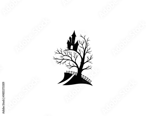 Spooky Halloween Silhouette Vector with Haunted Tree, Evil Pumpkins, Flying Bats, Spider Webs & Creepy Castle.