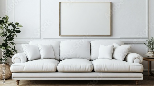 Elegant White Sofa Interior Mockup with Empty Frame