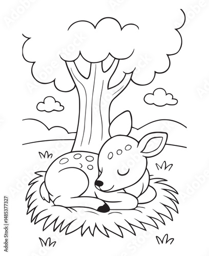 Coloring book deer fawn sleeps peacefully curled up in the grass under a large tree. 