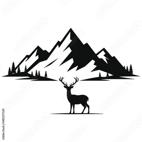 Canvas Print Moose and wild animals silhouettes in forest and mountain landscape at sunset