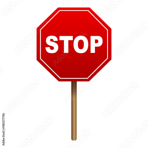 Red stop sign on wooden stick isolated on white background. Vector illustration