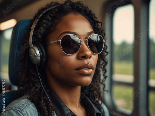 Portrait of young beautiful woman listening music and enjoying her train travel 