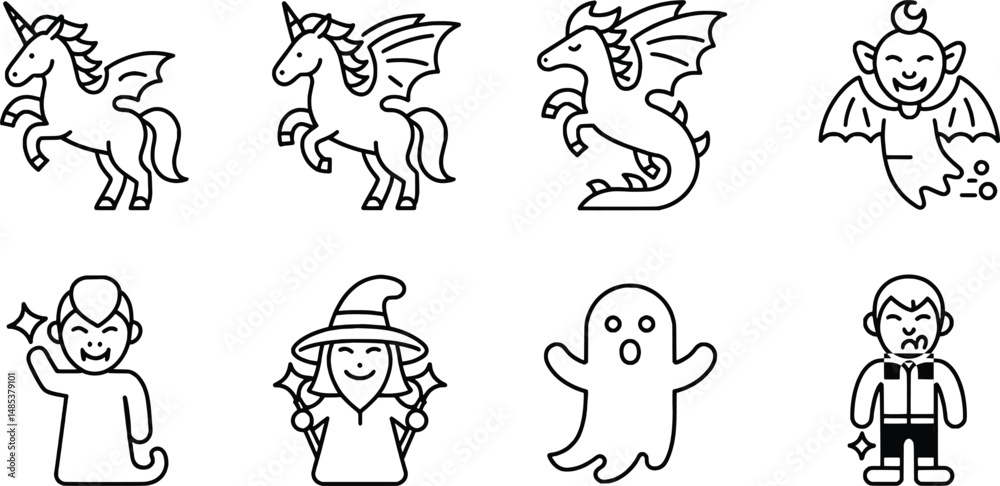 Fototapeta premium Vector illustrations of magical creatures and characters in simple outlined black and white