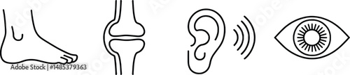 Simple black and white outline illustrations of human body parts and sensory organs
