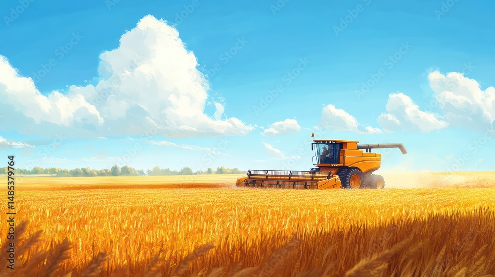 Fototapeta premium Farmer harvesting wheat with a combine in golden fields under a clear blue sky.