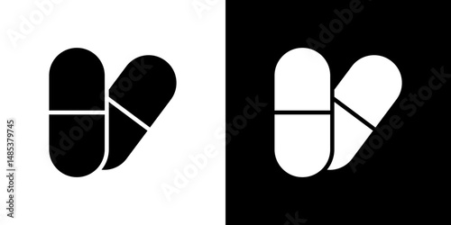 Capsule icon flat vectors set. black and white