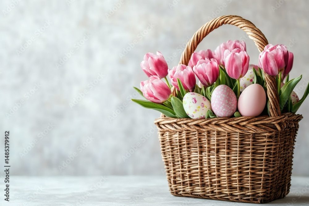 Obraz premium Spring Easter Basket Filled with Tulips and Eggs