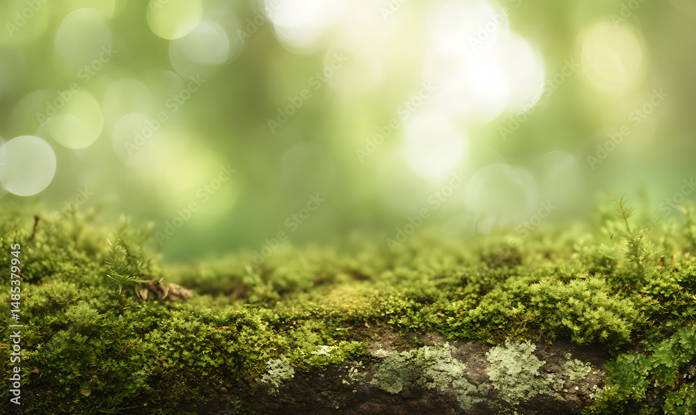 Fototapeta premium Lush green moss covering a wooden log under soft sunlight in a serene forest setting