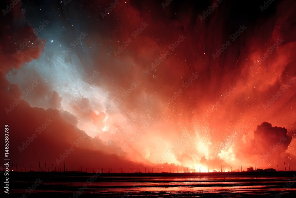 Obraz premium Fiery Night Sky: A dramatic, fiery expanse of clouds dominates the night sky, reflecting on a calm body of water, with distant silhouettes of structures and a hint of stars.