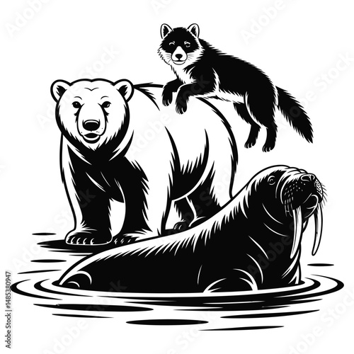 Polar bear cub vector illustration with wildlife and animal silhouette elements