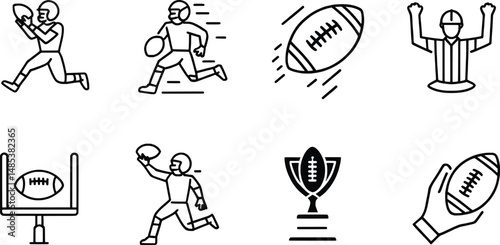 Football icons set depicting players actions field goals and championship trophy