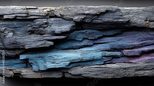 The surface is composed of horizontal layers with rough textures and shadows. The coloring transitions between shades of gray, blue, and purple.