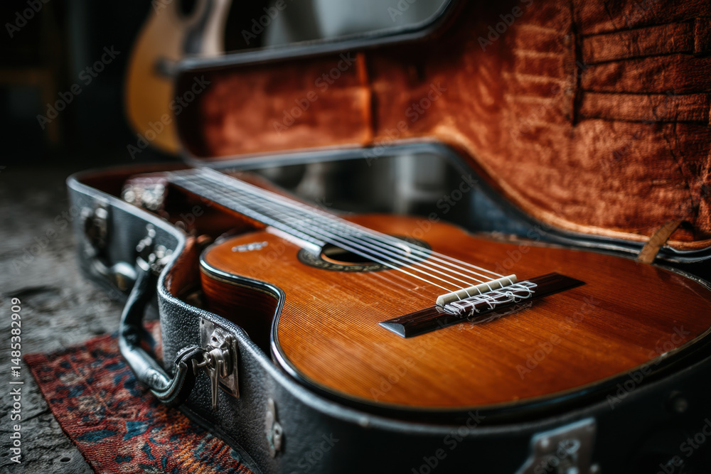 Fototapeta premium Guitar resting on suitcase.
