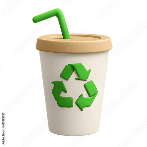 3D eco-friendly cup with lid and straw featuring a recycle symbol, representing sustainable consumption and environmental responsibility.
 photo