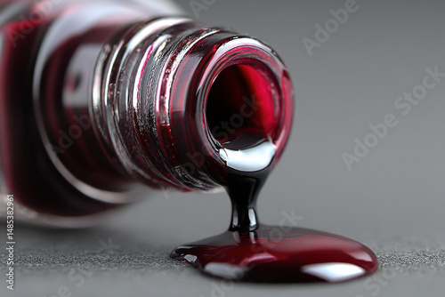 A drop falling from a bottle of red liquid.