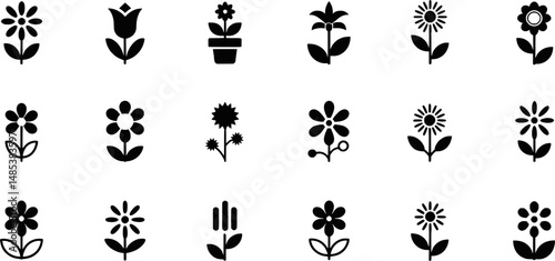 Collection of simple black and white floral icon designs for decorative and symbolic use