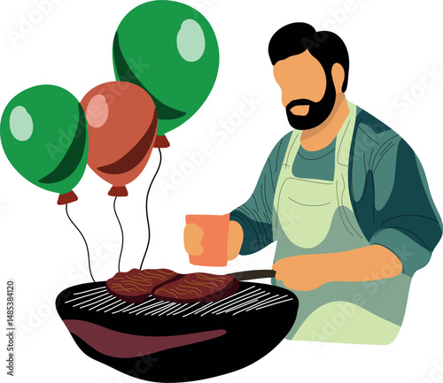 Father Grilling anticuchos next to balloons