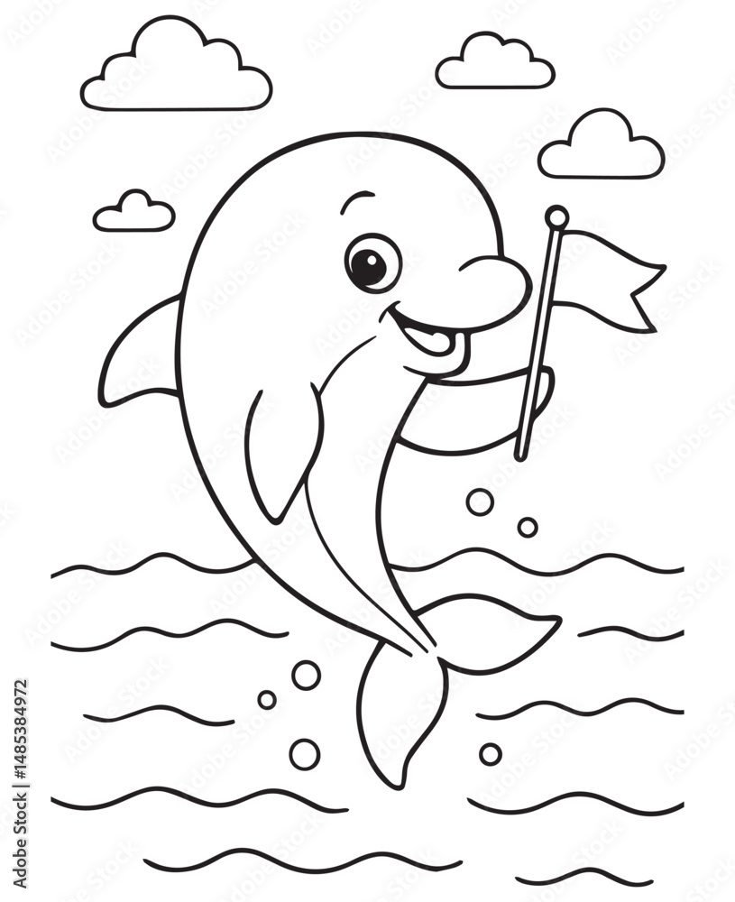 Fototapeta premium Coloring book dolphin leaps from the waves holding a small flag under the clouds
