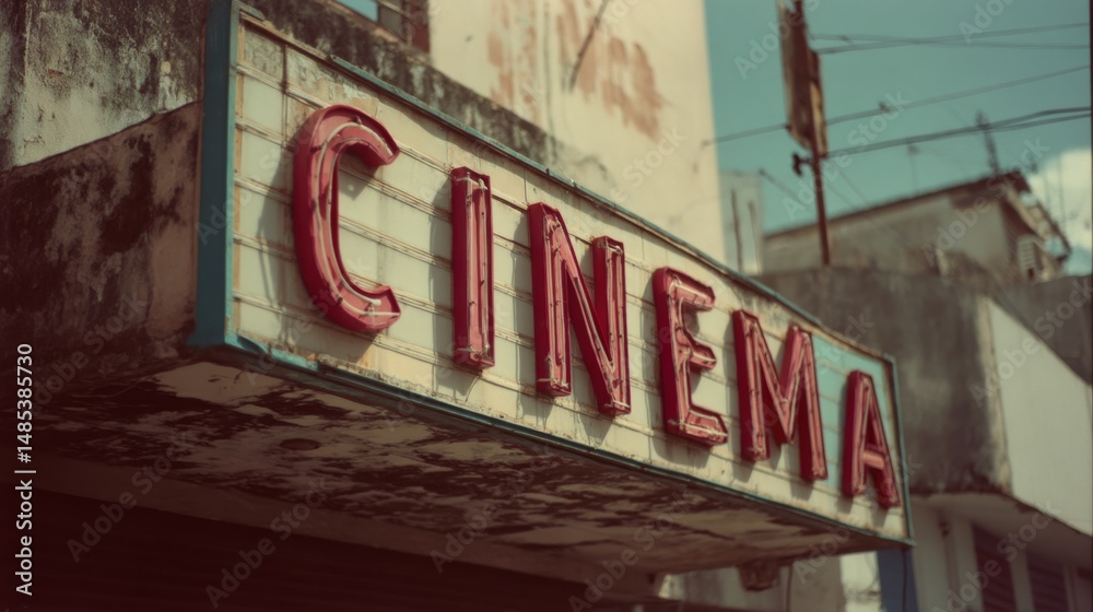 Fototapeta premium A vintage cinema sign with weathered red letters stands against an old building, evoking nostalgia and the golden era of film.