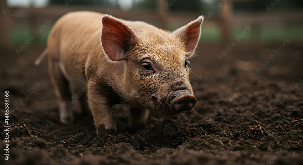 Piglet Walking in Muddy Ground Outdoors Close-up Piglet Walking in Muddy Ground Outdoors Close-up