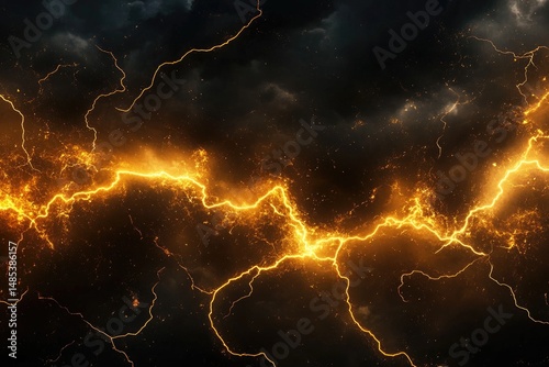 Fiery golden lightning streaks across a dark, stormy sky