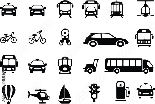 Black and white transportation icons depicting various vehicles and modes of transport