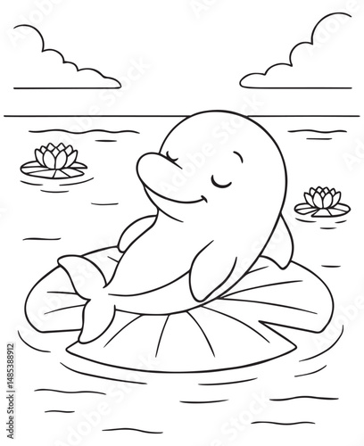 Coloring book dolphin rests peacefully on a large lily pad in the water