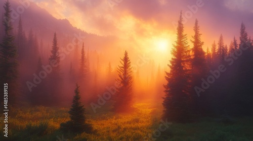 Misty Mountain Forest at Sunrise with Pink and Orange Hues