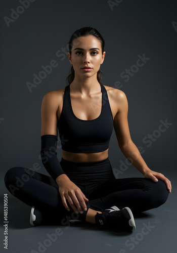 Confident Young Woman in Black Sportswear, Activewear