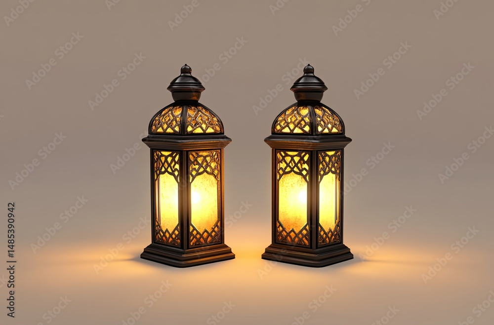 Two ornate lanterns, illuminated with warm light, standing side by side on a neutral backdrop Two ornate lanterns, illuminated with warm light, standing side by side on a neutral backdrop