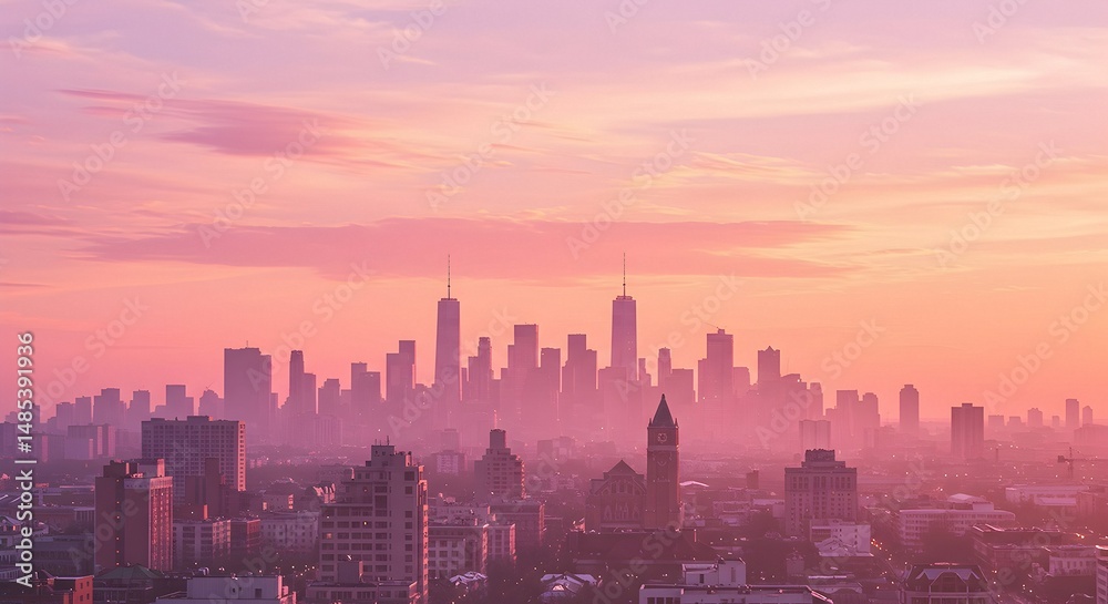 Fototapeta premium Cityscape at Dawn with Skyline and Soft Pink Sky