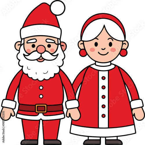 Christmas Santa and Mrs Claus Line Art Illustration.