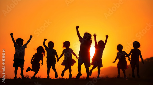 Joyful Children Silhouette at Sunset – Vibrant Complementary Colors, Backlit Playful Scene – Perfect for Children's Day, Posters, Cards & Backgrounds