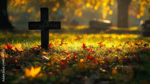 Autumn leaves surround a black cross in a serene cemetery during golden hour