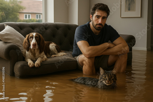 Flood disaster: man at home with pets in flooded house, cat stands in muddy water, dog lying on the couch, person sitting on wet sofa, looking worried, stressed, feeling terrible, anxious and helpless