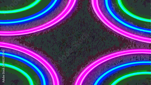 Abstract image featuring neon colored concentric arcs surrounding a textured diamond shape in the center