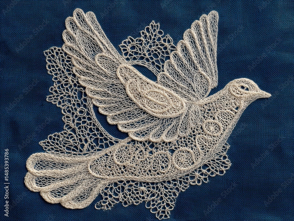 Fototapeta premium Delicate, white lacework dove design on a dark background.